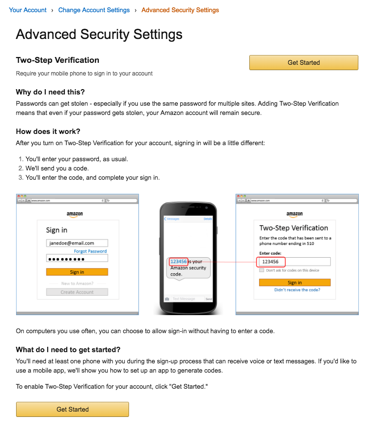 تحديد خطوتين التحقق من حسابك في Amazon
