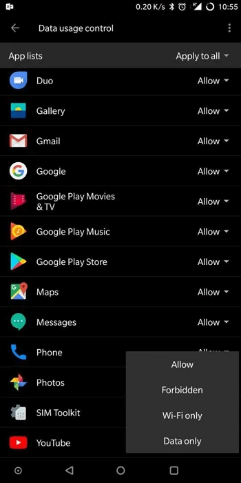 كيفية حظر الوصول إلى الإنترنت تمامًا لتطبيقات معينة على Android - android حظر الوصول إلى الإنترنت تطبيقات محددة التحكم في استخدام بيانات android oneplus 2.jpg - كيفية حظر الوصول إلى الإنترنت تمامًا لتطبيقات محددة على Android