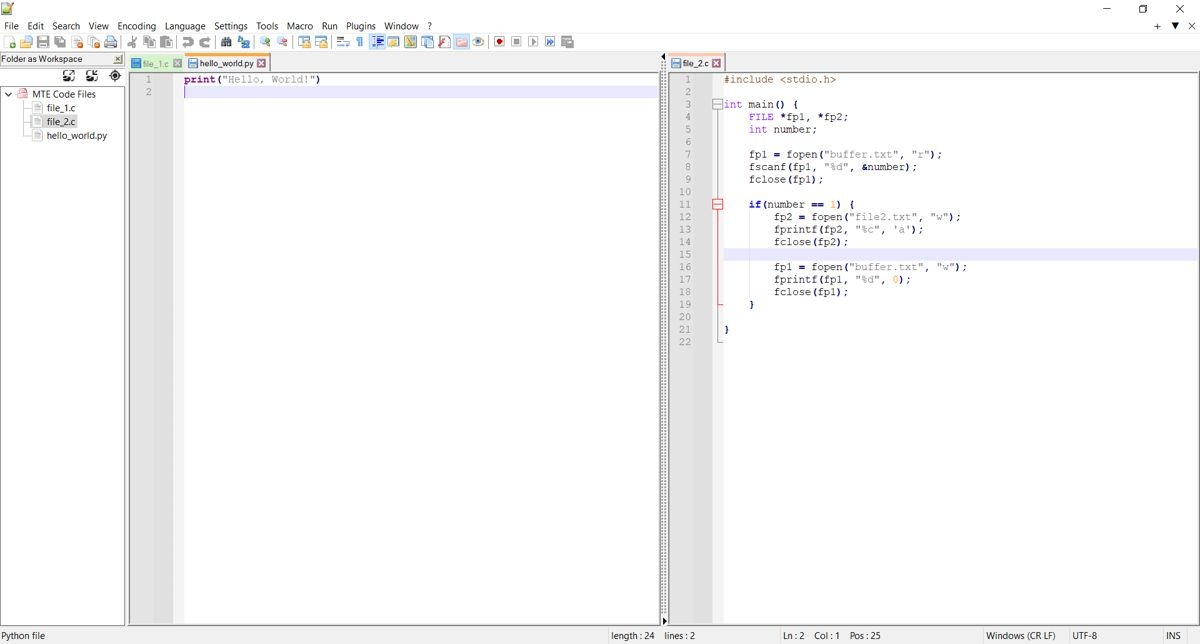 Notepadpp مع ملفين C مفتوحين ولقطة شاشة مساحة عمل للمجلد عرض Notepad ++ في المحرر.
