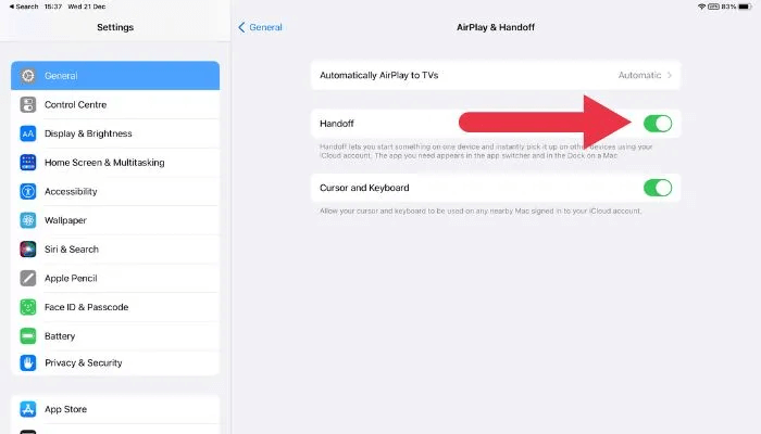 كيفية استخدام Universal Control مع جهاز iPad و Mac - أدلة Apple UniversalControl Handofftoggle.jpg - كيفية استخدام Universal Control مع iPad و Mac