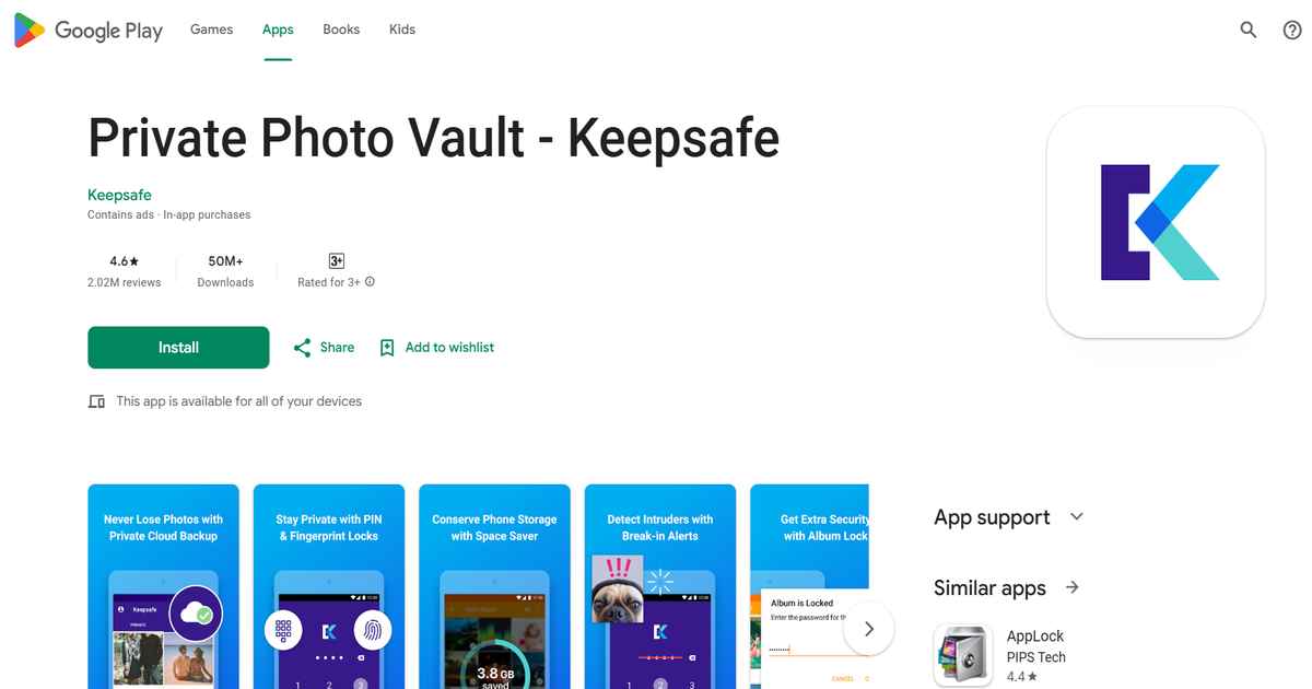 أفضل تطبيقات إخفاء الصور والفيديو لخصوصية تامة على أندرويد و iOS 23 تطبيق Keepsafe لحماية الصور من متجر Google Play.