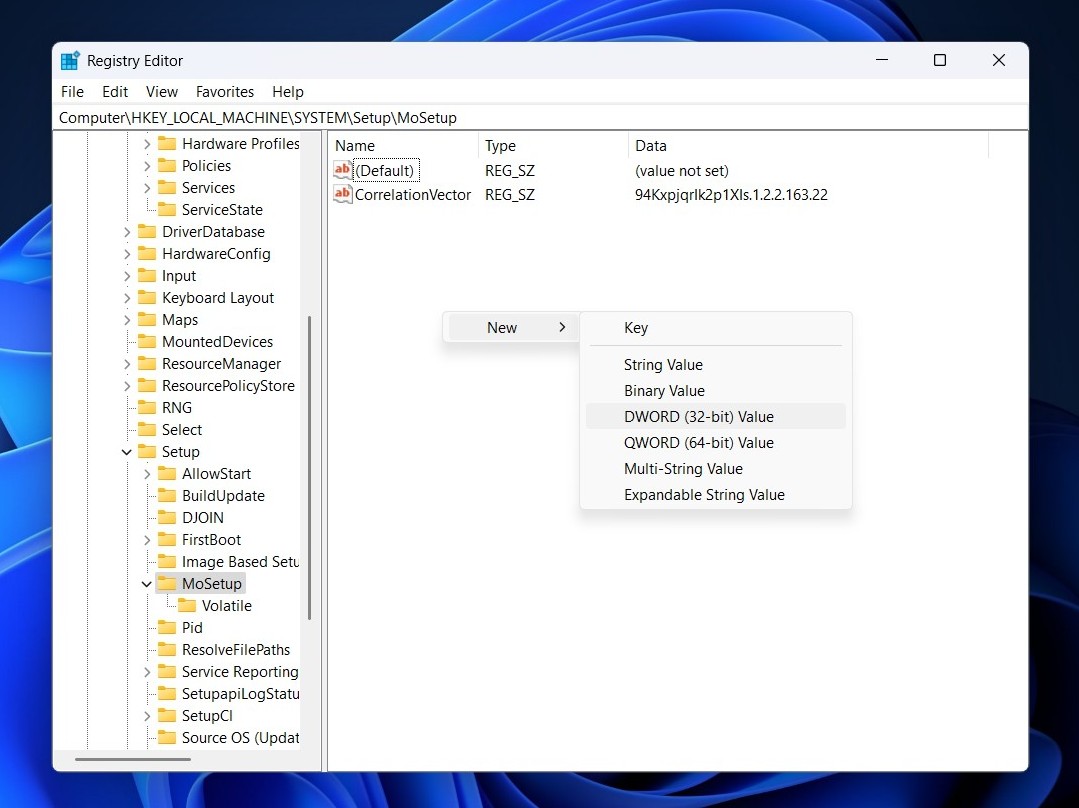 تثبيت Windows 11 على أجهزة غير مدعومة: تجاوز TPM والمعالج (الحل النهائي) 52 mosetup إنشاء سجل ويندوز dword 2