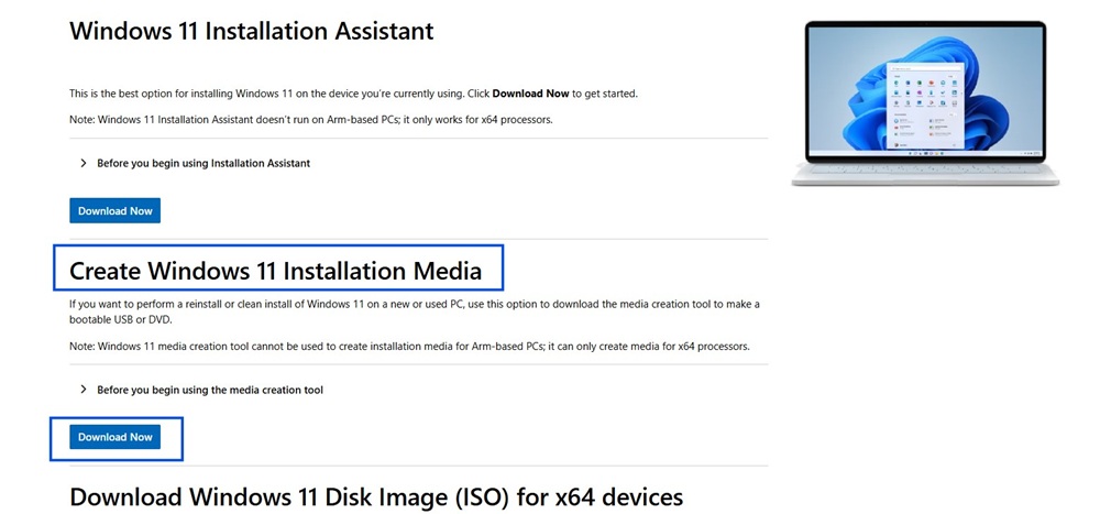 صفحة تنزيل أداة إنشاء الوسائط